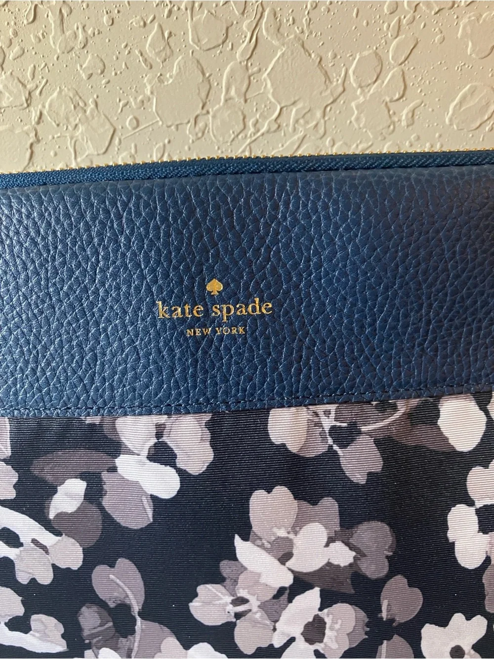 Kate Spade: Blue Leather Floral Laptop Sleeve- Padded- Gold Tone